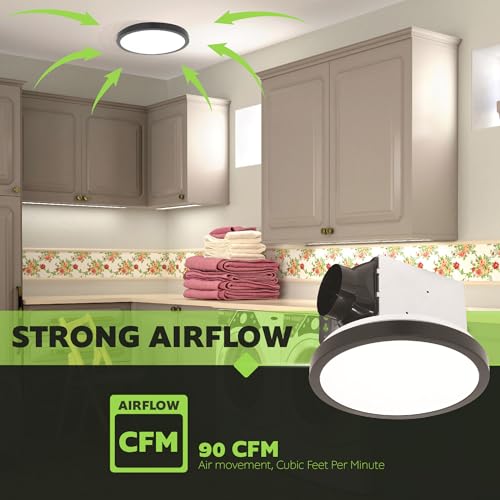 Homewerks 90 CFM Bathroom Exhaust Fan with LED, Matte Black Trim | 1.5 Sones, for Rooms Up to 90 sq ft, Magnetic Trim, Galvanized Steel Housing, EasyAnchor Install, Bathroom Fan with Light - color: 90 CFM Matte Black Round