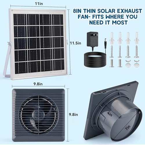 Solar Powered Exhaust Fan, 25W Solar Panel+8" High Speed Solar Powered Fans, Solar Exhaust Intake Fan Kit with Bracket, Anti-backflow Valve, Power Adapter, Vent Fan for Shed, Greenhouse, Attic - size: 8Inch