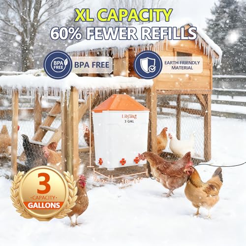 Lilyang Heated Chicken Waterer 3 Gallon, 250W Thermostat Control | Submersible Heat Plate, Chicken Water Heater With Nipples, Freeze-Proof Poultry Drinker for Winter, No-Tools Assembly