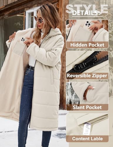 Women Winter Coats Fleece Long Coats Jackets Oversized Warm Down Jacket with Hood - color: Beige, size: Small