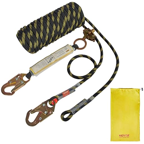 VEVOR Vertical Lifeline Assembly, 0.55'' x 25' Fall Protection Rope with 30 KN Breaking Tension, Polyester Roofing Rope with Steel Snap Hooks, Rope Grab, and Shock Absorber, ANSI Compliant - size: 25FT