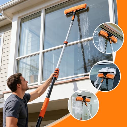 18FT Window Washing Kit, Squeegee with Telescopic Extension Pole | 3-12FT Telescoping Pole with Dual-Lock Stability And Rotatable 2-in-1 Squeegee Head for High-Window Cleaning - size: 3-12FT