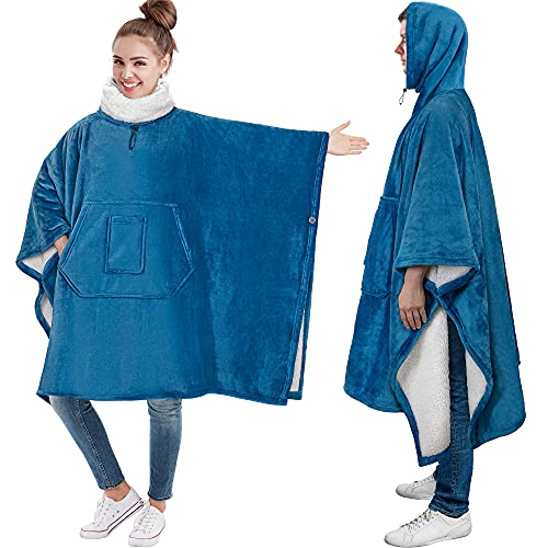 PAVILIA Wearable Blanket Poncho Women Men, Oversized Hoodie Sweatshirt Sweater Neck Warmer, Fleece Soft Hug Sleep Pod Adult - color: Teal Blue, size: Fleece