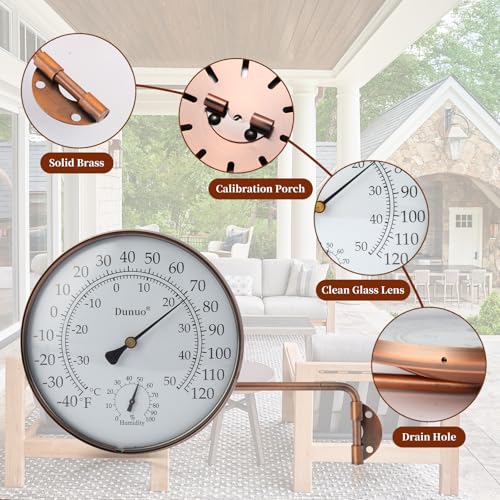 6-Inch Brass Outdoor Thermometer & Humidity Gauge, Easy-Read Dial | Weatherproof Battery-Free Analog Hygrometer, °F/°C Dual Scale, Adjustable Swivel Bracket for Patio, Window & Greenhouse - size: 6inch thermo&hygrometer