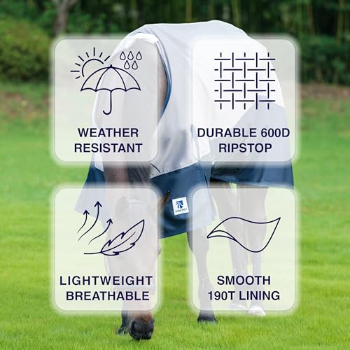 Horse Turnout Rain Sheet | 600 Denier Ripstop Turnout Blanket No Fill (0g) | Waterproof Lightweight Breathable | Tear-Resistant Outer & Rub-Free Silky Inner | Grey/Navy - 72 in - color: Grey/Navy, size: 72