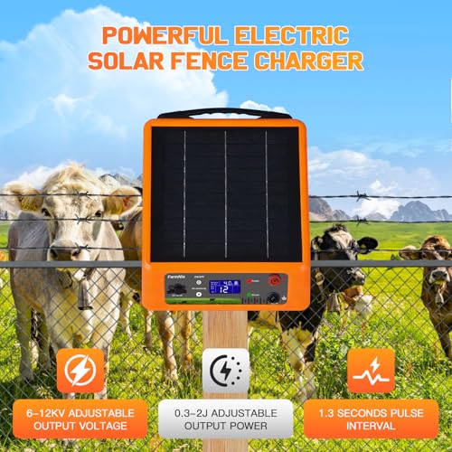 20 Miles Solar Electric Fence Charger, 0.3-2.0J Adjustable Output | Farms & Ranches, 6W Solar Panel, 18Ah Lithium Battery, 6-12KV 0.3-2.0J Adjustable Output, Day & Night Mode, IP55 Waterproof - color: Orange