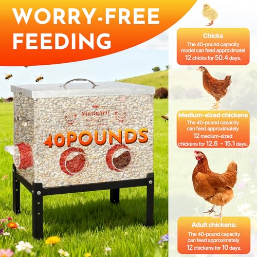 40Lb Automatic Chicken Feeder - No Waste Metal Chicken Feeders 6 Port Metal Silo with Locking Lid, Rat & Rodent Proof Weatherproof Design, Adjustable Legs for Poultry Outdoor Coop & Backyard Chickens - color: Matte Silver
