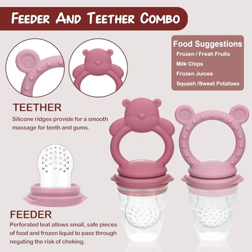 Baby Breastmilk Popsicle Molds & Baby Fruit Feeder (4 Pack), Infant Food Freezer Tray Storage Containers, Silicone Teething Pacifier Feeder and Teether for Babies,Silicone Feeder(Pink) - color: 5-Pink