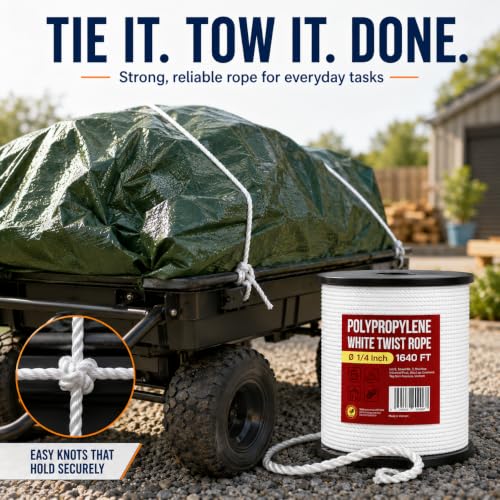 Heavy Duty PP/Polyester/Nylon Rope on Spool, White, 1/4inX1640FT | Weather-Resistant & Waterproof, For Pool, Marine, Camping, Household Use, Construction & Rigging Applications - color: White, size: 1/4in X 1640FT