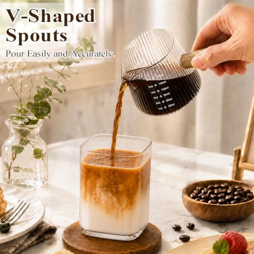 6OZ Espresso Shot Glass Cups Coffee Measuring Cup Coffee Bar Accessories | With wood handle, V-shaped, spout ribbed milk frothing pitcher spouts cup for coffee milk sauce