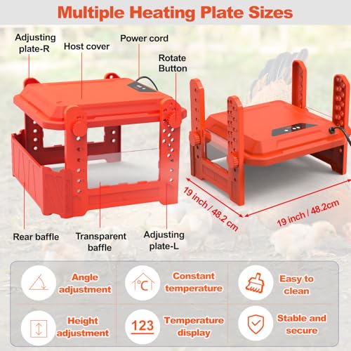 Chick Brooder Heating Plate with Adjustable Temperature, Chicken Brooder Heater for Baby Chicks, Ducklings, Safer Alternative to Heat Lamps, Adjustable Height, Brooder Plate 130W 19"x19" Red