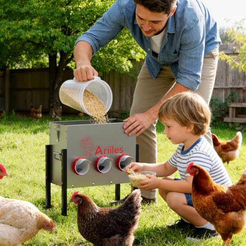 Automatic Chicken Feeder, Metal Poultry Feeder, Chicken Feeders | 40LB Poultry Feeder With Stand & 6 Ports. Includes Bonus Vegetable Net, Feeder Sealant And Anchor Stakes For Chicken. - size: 40 LB