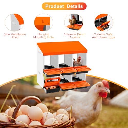 Chicken Nesting Boxes, Roll Away Nest Box for Egg Collector, 6 Holes Orange | Metal Nesting Box for Laying Eggs with Lid Cover to Protect Eggs, Easy Wipe, Slide Out for Quick Bedding Change and Rinse - size: 6 Holes