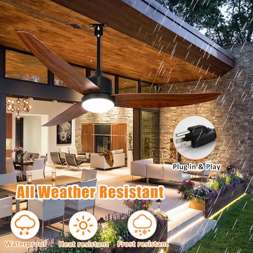 Depuley Outdoor Ceiling Fan with Light: 52 Inch Gazebo Fan Outdoor Hanging - Plug in Fan for Patio Waterproof - Dimmable Fans with Lights Remote App Control - Walnut - color: Walnut 01, size: 52 Inch