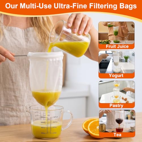 Nut Milk Strainer Bag Set, 3 Filters & 1 Stainless Handle | Secure Closure & Stainless Steel Handle, Washable Fine Mesh for Pulp-Free Nut Milk, Juice & Cold Brew
