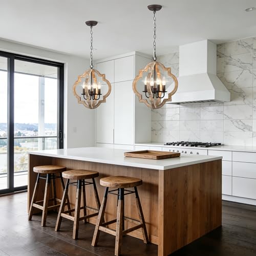 16" Farmhouse Chandelier for Dining Room, Wood Rustic Chandelier | Dining Room Light Fixtures Over Table 4-Lights French Country Hanging Light, Adjustable Height for Entryway Kitchen Island - color: 16" Wood