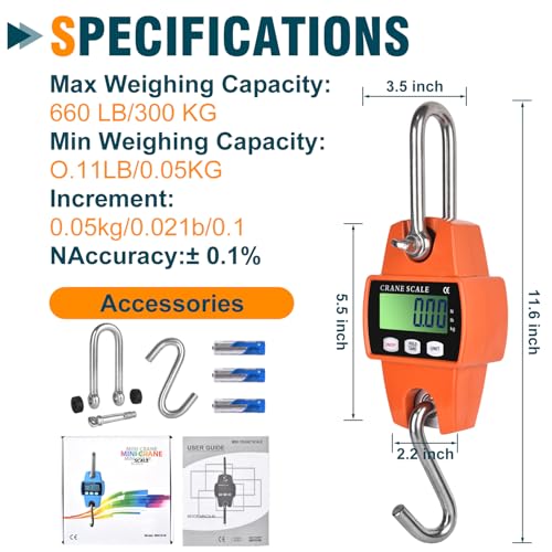 660lb Digital Hanging Scale, 300kg Heavy Duty Handheld Crane Scale with Backlit LCD, Portable Cast Aluminum Case & Hooks - Multi-Function for Farm, Hunting, Fishing, Logistics (kg/lb/N Switchable)