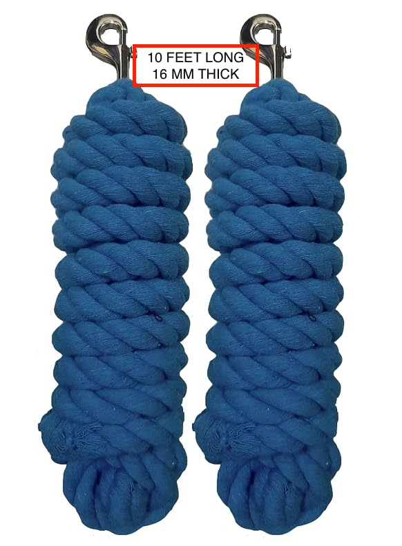 Majestic Ally Pack of 2 Solid Cotton Lead Rope for Horses & Livestock – 10 Foot Long and 5/8 inch (16MM) Thick - Replaceable Heavy-Duty Satin Bolt Snap – Handmade – Soft, Broken in Feel (Turquoise) - color: TURQUOISE
