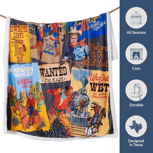 Paseo Road Indigo Hill by HiEnd Accents Bandits and Heroes 54x68 Blanket | Colorful Cowboy Outlaws Collage Print, Rustic Southwestern-Style Western Sherpa Fleece Blanket for the Couch, Sofa, or Bed - color: Heroes and Bandits