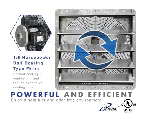 iLIVING 20" Shutter Exhaust Fan with Wireless Smart Remote Controlled Thermostat and Humidity, Variable Speed Wall Mounted Attic Vent Fan, Chicken Coop Ventilation, 3368 CFM, 5000 SQF Coverage Area - size: 20 inches