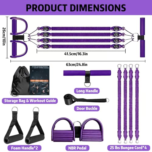 Pedal Resistance Band with Handle, Aturien Adjustable Powerful 4-Tube Elastic Bands for Exercise, Multifunctional Foot Pedal Puller, Home Workout Equipment for Legs Arms Abs - color: Light Purple