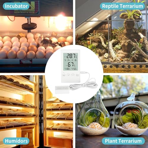 Dual Probe Thermometer Hygrometer with Alarm - Indoor/Outdoor Temperature Humidity Monitor for Home, Reptile Tanks, Incubators, Greenhouse - Large Display with Hi/Lo Alerts