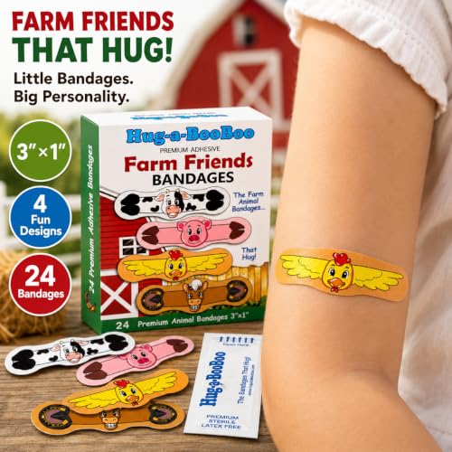 Farm Friends Hugging Farm Animal Adhesive Bandages from Hug-a-BooBoo, The Amazing Bandages that Hug! Super Fun Hugging Cow, Horse, Pig and Chicken! 24 Ct Box - size: 24ct, style: Farm Friends