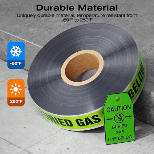 1000 Feet Caution Buried Gas Line Below Green/Black Print Safety Tape with Above-Ground Caution Tag, 2 Inch x Foot 5 Mil, Detectable 2-Inch - style: Caution Buried Gas Line