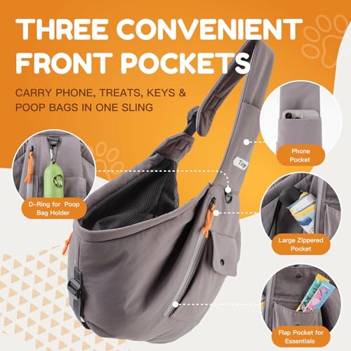 Pet Sling Carrier for Small Dogs and Cats, Hands-Free Crossbody Bag with Safety Leash, Multiple Pockets, Gray, 5-15 lb