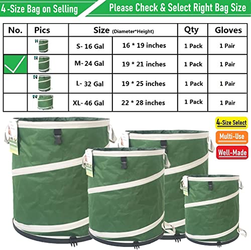 24-Gallon Collapsible Trash Can (19x21 in) Hard-Shell Bottom Leaf Bag,Yard Waste Bags,Garden Debris Bag,RV Camp Waste Bin,Pop-Up Trash Can,Recycling Bin,Laundry Hamper,Lawn Grass Clippings,Weed Barrel - style: 24 Gallon Bag with Gardening Gloves
