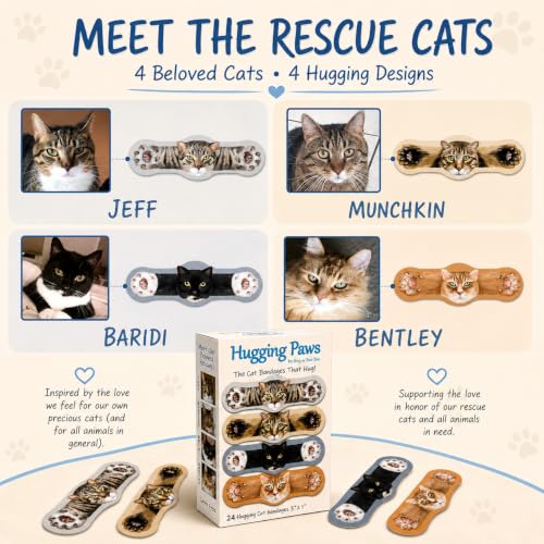 Hugging Paws – Cat Themed Bandages from Hug-a-BooBoo, The Friendly Kitty Bandages that Hug! Beautiful Wound Coverings Feature Paintings of Actual Rescue Cats! Great Cat Lover Gift! 24 Count Box - size: 24ct, style: Cats