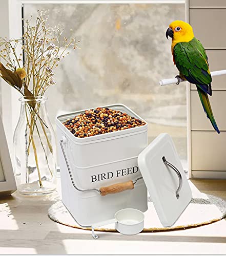 Morezi Bird Seed Storage Container Metal, 6 Lbs Airtight Bird Food Tin | Outdor Wild Bird Seed Container Canister w/ Scoop/Wooden Handle , Sturdy and Squirrel-proof, Keep Sunflower Seed Fresh - color: White