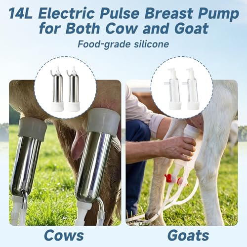 Upgraded 14L 2-in-1 Cordless Electric Milking Machine for Goats, Cows & Sheep, 304 Food-Grade Stainless Steel Bucket, Adjustable Suction Pulsation Vacuum Pump Milker with 4 Teat Cups, Portable Milker