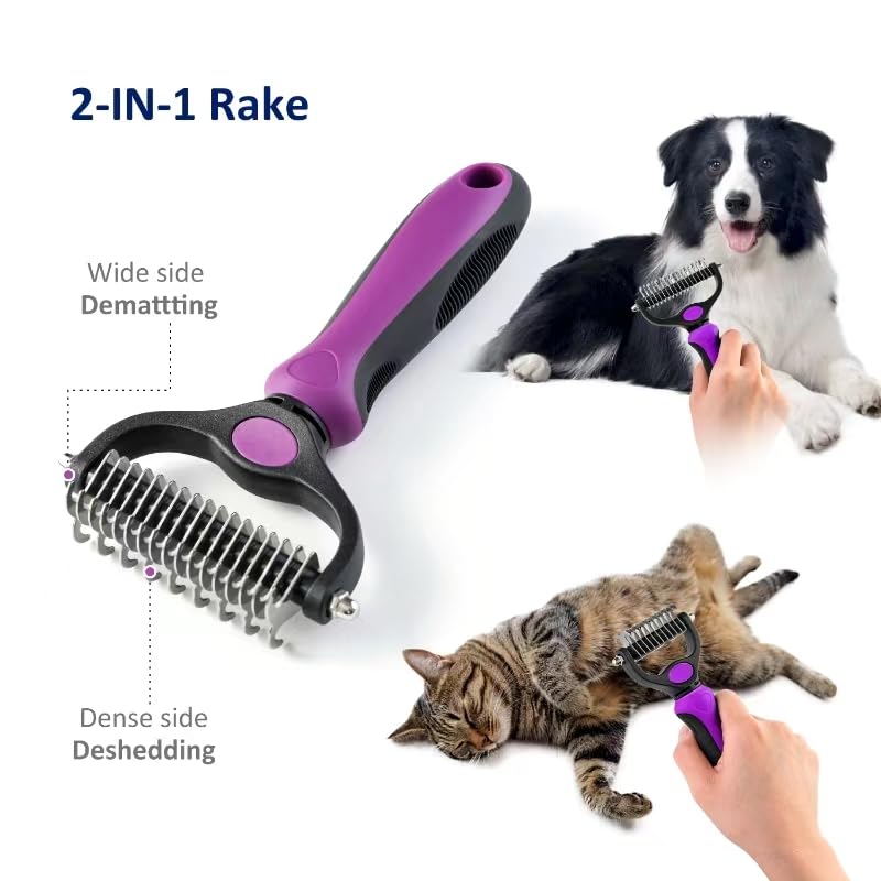 WePet Grooming Rake for Dogs & Cats, Double-Sided Deshedding Brush, Extra-Wide Dematting Tool, Slicker Comb for Undercoat & Loose Hair Removal, Reduces Shedding by 95%, Purple, Large - color: Purple, size: Large