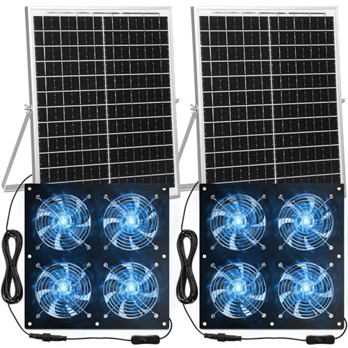 Solar Powered Fan 11.8" Greenhouse Exhaust Fan Solar 4 Fan Kit 25W Solar Panel Powered Exhaust Fan with Aluminum Bracket for Attic, Shed, Barn, Dog House, DIY Cooling Ventilation Project(2 Set)