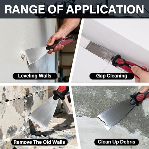 HAUTMEC 3pc Putty Knife Set, 1.25 in - 2 in - 3 in Paint Scraper, Flat Heavy Duty Stainless Steel Blade and Hammer End for Removing Wallpaper for Puttying Plaster, Cement HT0062-PT
