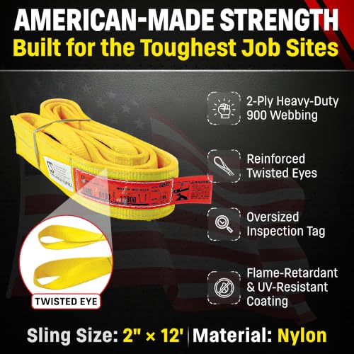 DD Sling (USA Made). 2" wide X (4' to 20' lengths) in Listing! 2 Ply Twisted Eye, Nylon Lifting Slings, Eye & Eye, Heavy Duty (900 webbing), 6,400 lbs Vertical, 5,100 Choker, 12,800 Basket Load Capacity (2inX12ft) - size: 2 in x 12 ft