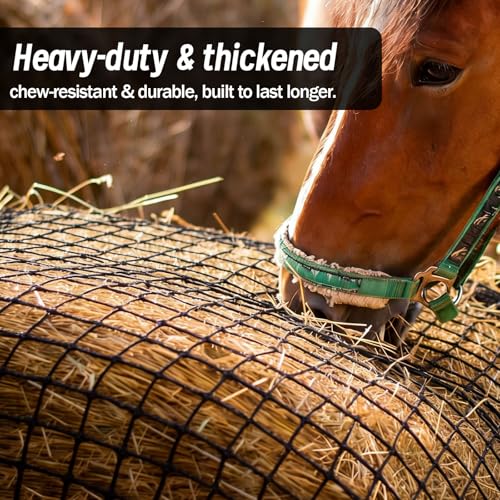 Heavy Duty Slow Feed Hay Net for Horses, 5x5x5 Ft Round Bale Hay Feeder Net | 1.5 Inch Knotless Mesh Weather Resistant Feeding Net to Reduce Hay Waste for Stable, Pasture & Farm Livestock - size: 5x5 Ft