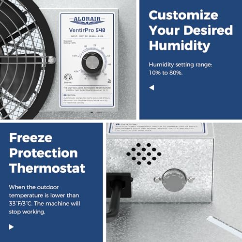 ALORAIR 540CFM Crawl Space Ventilator Fan with Humidistat & Thermostat | 8.7 Inch Basement Vent Fan with Freeze Protection, IP-55 Rated Isolation Mesh for Crawlspace, Garage, Attic, Exhaust - size: Medium