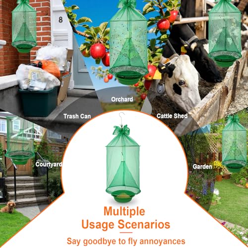 Reusable Outdoor Fly Trap Hanging Fly Catcher with Brush-6 Pack | Fly Cage Ranch Fly Traps with Bait Tray, Fly Control Killer Repellent Hunter Catcher for Barn Orchard Farm Horse Patio - size: 6 pack