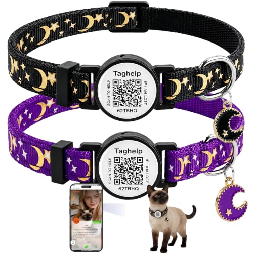 2PCS Breakaway Cat Collars with Moons Stars Cute Kitty Adjustable Safe Kitten Collars with Smart ID QR Code tag,Moon and Star Kitten Safety Collars for Boys & Girls(Black & Purple) - color: Star & Moons - Black & Purple