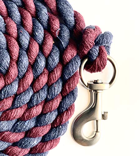 Majestic Ally Pack of 2 Solid Cotton Lead Rope for Horses & Livestock – 10 Foot Long and 5/8 inch Thick - Replaceable Heavy-Duty Satin Bolt Snap – Handmade – Soft, Broken in Feel (Navy -Burgandy) - color: Navy -Burgandy