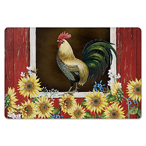 Sunflower Rooster Antifatigue Kitchen Bath Door Mat Cushioned Runner Rug,Washable Welcome Floor Sink Mat,Farm Animal Cock Red Barn Bee Waterproof & Non-Slip Comfort Standing Doormat16 x24