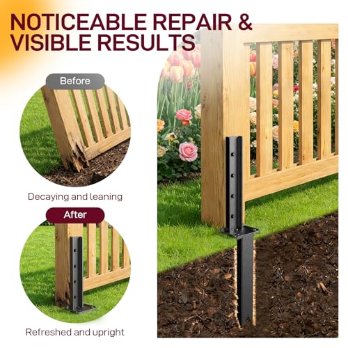 Goovilla Fence Post Repair Kit for Broken/Leaning/Tilted/Degraded Wood,2Pcs | Heavy Duty Fence Post Anchor Ground Stakes, Robust Quick-Fix Wood Support with Gloves/Installation, Easy to Install,Black