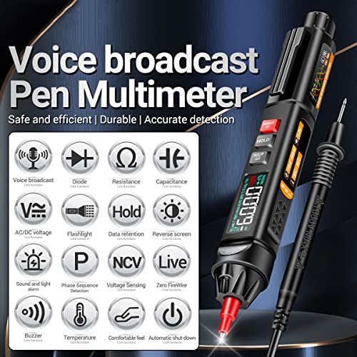 A3009 Mini Pen Multimeter with Voice Broadcast 6000 Counts Voltmeter VA Reverse LCD Display Flash NCV Tester for Vole Resistance acitance Temperature On/Off Diode Phase Sequence