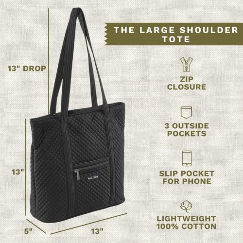 Bella Taylor Large Tote, Quilted Shoulder Bag for Women | Lightweight, 6-pocket large quilted purse, machine washable, zippered top, ultimate organization, durable construction - color: Vintage Black