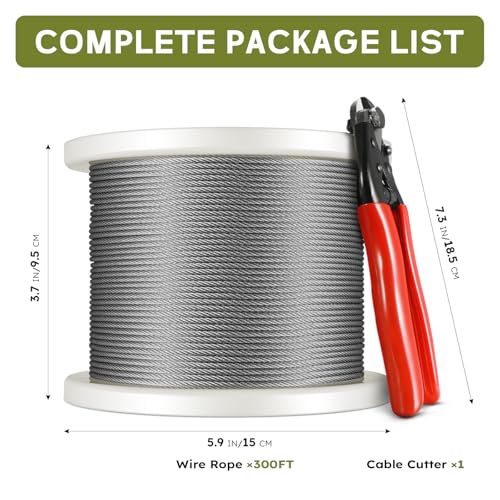 300FT 1/8" Stainless Steel Cable, 7x7 Wire Rope | Marine-Grade T316 SS, High Strength, Flexible for Deck Cable Railing System Kit, DIY Balustrades, Comes with a Cutter - size: 300 ft
