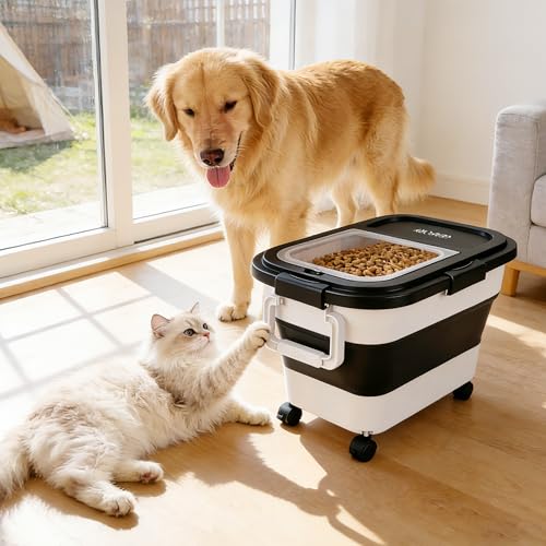 Dog Food Storage Container 20-25lbs, Airtight Pet Food Bin with Locking Lid & Clear Window, Collapsible Rolling Storage Container with Wheels and Scoop, Black - color: Black-M
