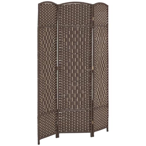 HOMCOM 3 Panel Room Divider 6 Ft Privacy Screen Hand-Woven Brown | Folding PP Wall Partition, Pine Wood Frame, Freestanding Room Separator, Bedroom Home Office, No Assembly - color: Brown, size: 3 Panel