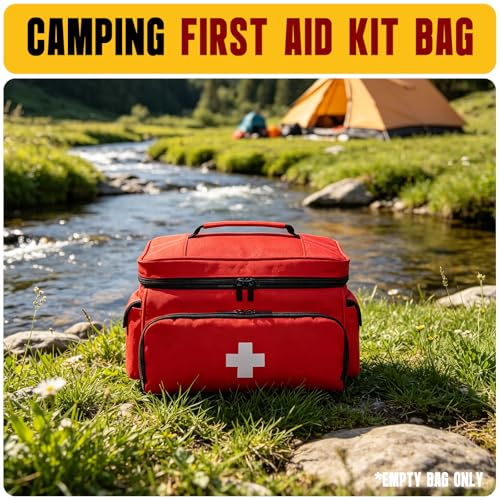 Small First Aid Bag Empty Medical Bag Red Pill Bottle Organizer Case, Portable Emergency Bag Travel Medicine Kit Storage 12" x 9" x 7" First Aid Box for Car, Home, Office, Dorm, Camping (Red)